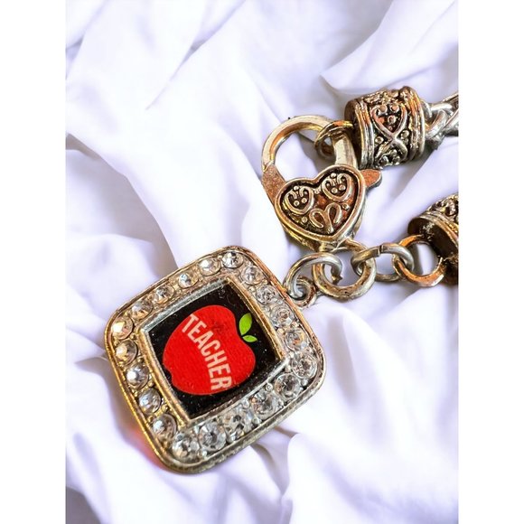 Teacher Apple Square Charm Bracelet Classic Silver Plated - Picture 2 of 11